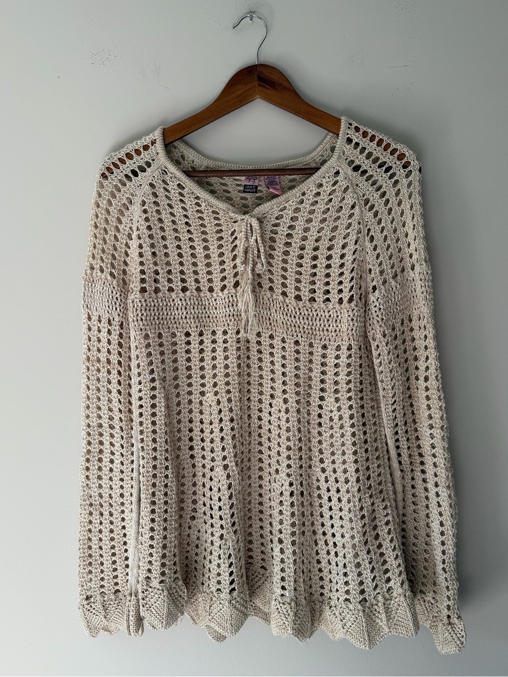 Love on a Hanger Open-Knit Crochet Cream Scoop-Neck Y2K Ruffle Hem Top